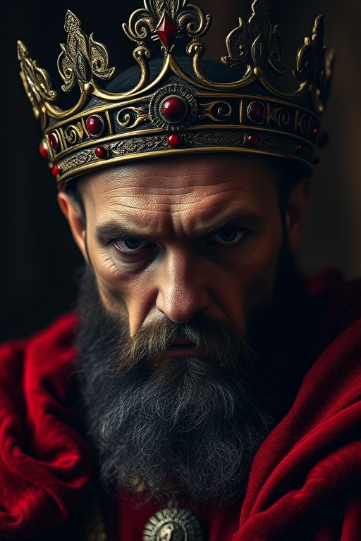 Create a regal portrait of a sinister king with a crown, deep shadows, and dramatic red accents, using a Canon EOS R5, 85mm lens, f/1.4 aperture, ISO 100, in soft natural light.
