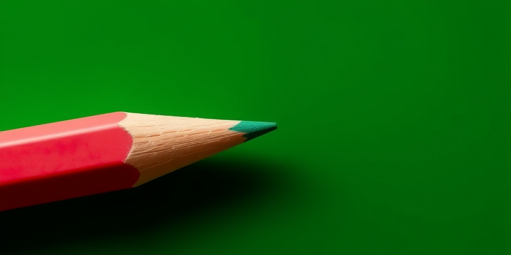 Create a high-resolution illustration of a green pencil with a pink eraser, focus on detailed texture and sharpness, use a DSLR camera, 50mm lens, f/2.8 aperture, ISO 100, top-down view, studio lighting for enhanced colors and contrast.