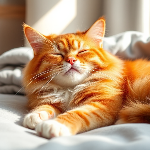 Generate an image of a fluffy orange tabby cat lounging in a cozy setting with its eyes closed enjoying the sunlight the cat has soft fur with a white chest and paws and is resting on a light gray blanket with a warm and peaceful expression