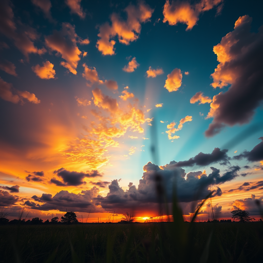Generate a vibrant sunset landscape with rich colors and detailed clouds, using a Canon EOS R5, 50mm lens, f/8 aperture, ISO 100, 1/125s shutter speed, shot from a low angle perspective to enhance foreground elements and capture the expansive sky.