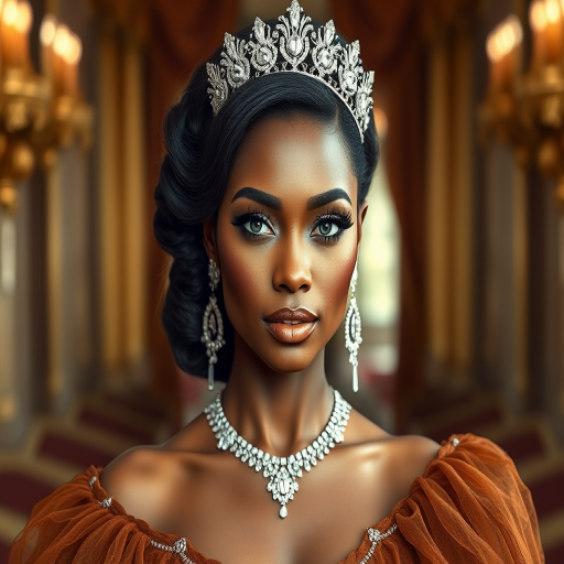 A gorgeous African American woman in a luxurious brown gown, accessorized with a dazzling tiara and statement earrings, her deep white eyes highlighted by impeccable makeup, poised in a royal setting, photorealistic, 8K quality