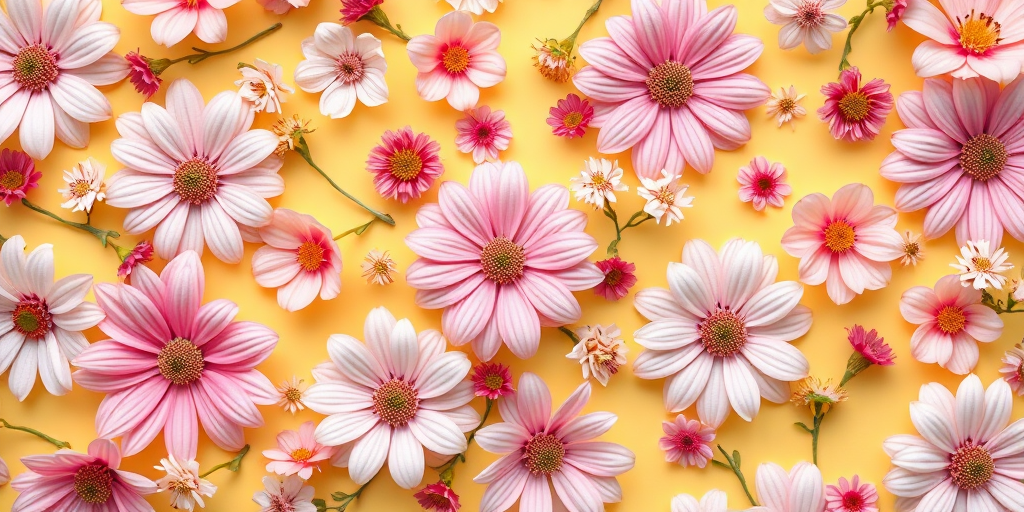 Create a high-resolution floral pattern with pastel-colored flowers on a soft yellow background, using a Canon EOS R5, f/2.8, ISO 100, 50mm lens, in a flat lay view to enhance texture and detail.