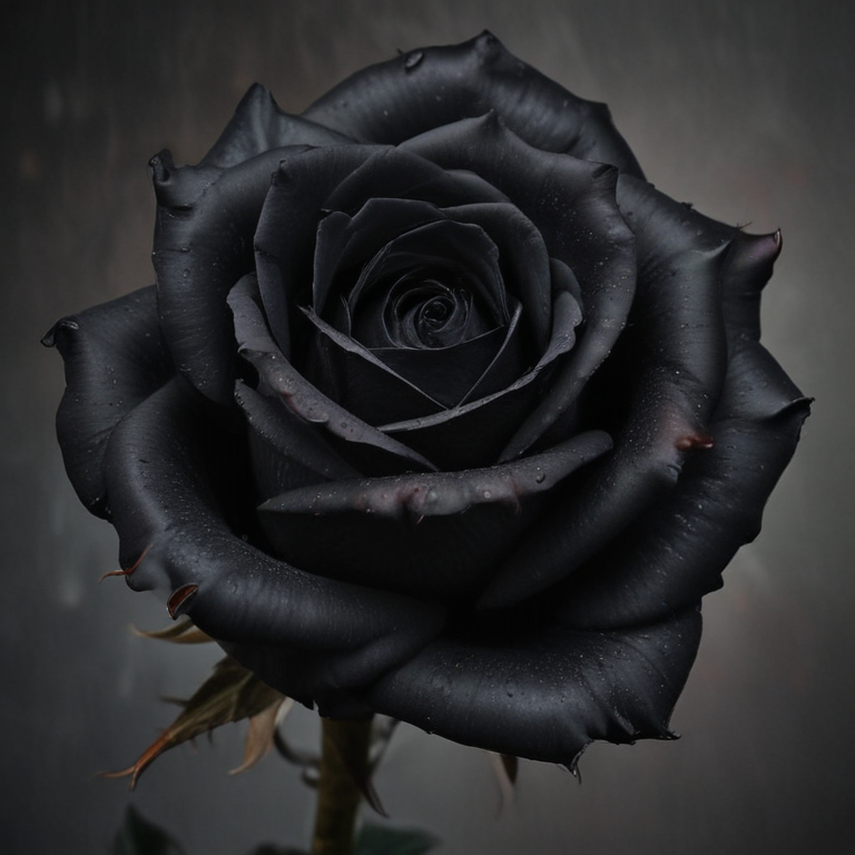 Elegant Black Rose with Dew Drops Against a Mysterious Dark Background