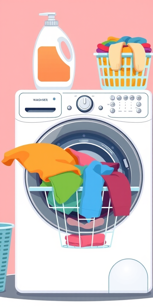 Illustration of a washing machine with a bottle of laundry detergent on top, next to a laundry basket filled with colorful clothes, use a clean vector style, ensure vibrant colors and clear outlines, camera settings: f/8, ISO 100, 1/200s, shoot from a slightly elevated angle, use a digital illustration technique with a flat design style.