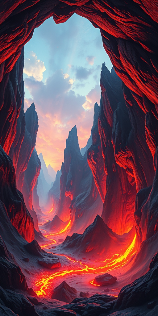 Generate a high-resolution digital illustration of a fiery cave landscape with jagged mountains and flowing lava, captured with a DSLR camera at f/8 aperture, ISO 100, 24mm focal length, in a panoramic view with vibrant colors and dramatic lighting.