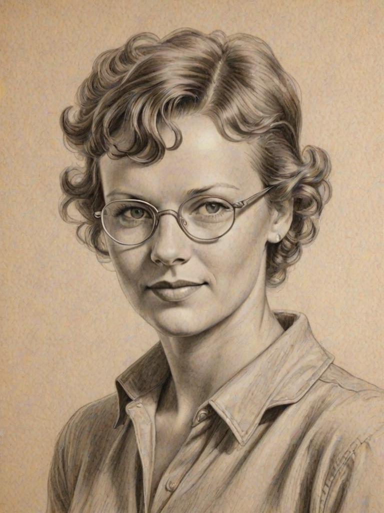 Lovely Amelia Earhart, pencil sketch, portrait of Attractive woman 1946s in glasses, hair style beatnik, outline, clear lines, fine lines, 8k