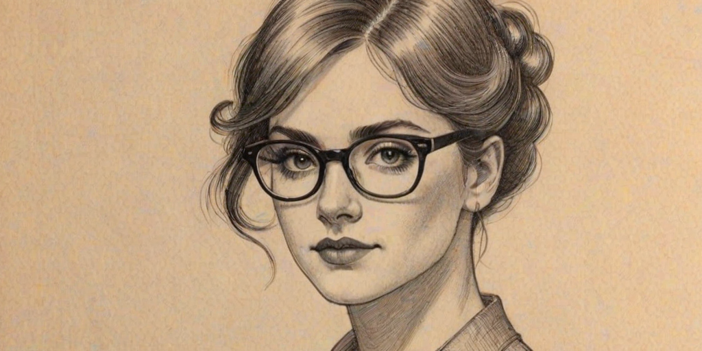 Appealing Nessa Barrett, pencil sketch, portrait of Captivating woman 1921s in glasses, hair style beatnik, outline, clear lines, fine lines, 8k