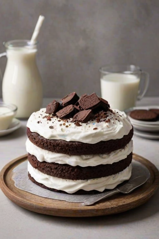 Create an image of a dessert featuring a round cake topped with fluffy white frosting. The cake should be adorned with whole chocolate sandwich cookies and crushed cookie pieces scattered on top. The background should be simple and elegant, highlighting the cake as the main focus.