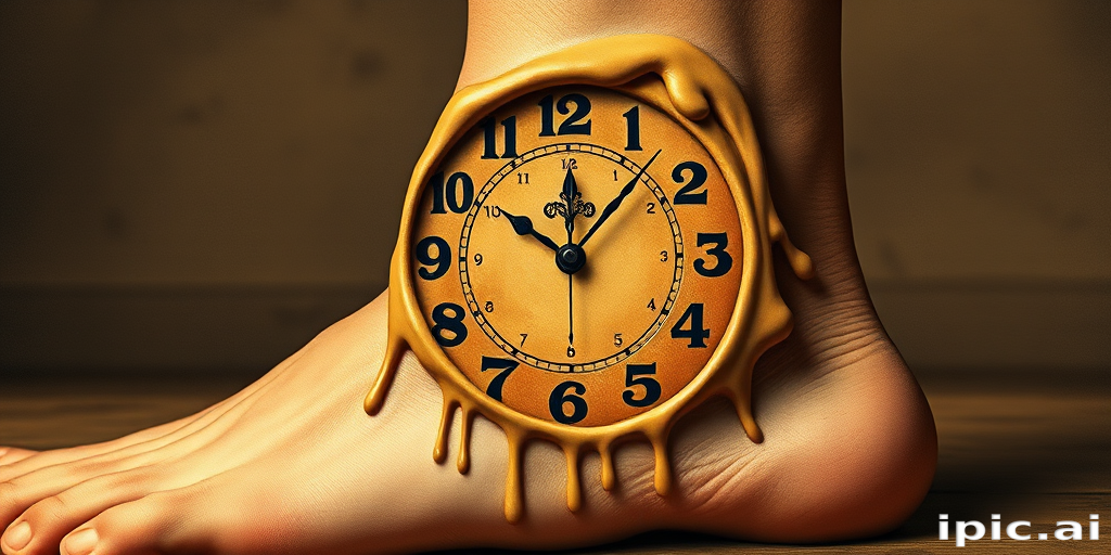 Surrealist melting clock design inspired by Salvador Dali, wrapping around calf muscle, distorted numbers and hands in muted sepia tones
