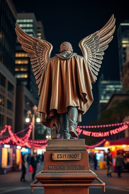 Capture a detailed image of a statue with a majestic cape and wings in a nighttime festival setting, using a Canon EOS R5 camera, 24mm lens, aperture f/2.8, ISO 800, and a shutter speed of 1/50s, with a low-angle shot to emphasize the subject against the city backdrop.