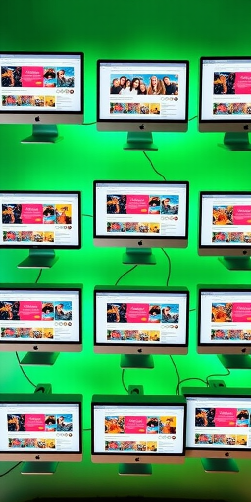 Create a grid of nine computer monitors displaying colorful webpage layouts with a soft green background, shot with a Canon EOS R5, 50mm lens, f/2.8 aperture, ISO 100, in natural lighting, capturing a top-down view for enhanced clarity.