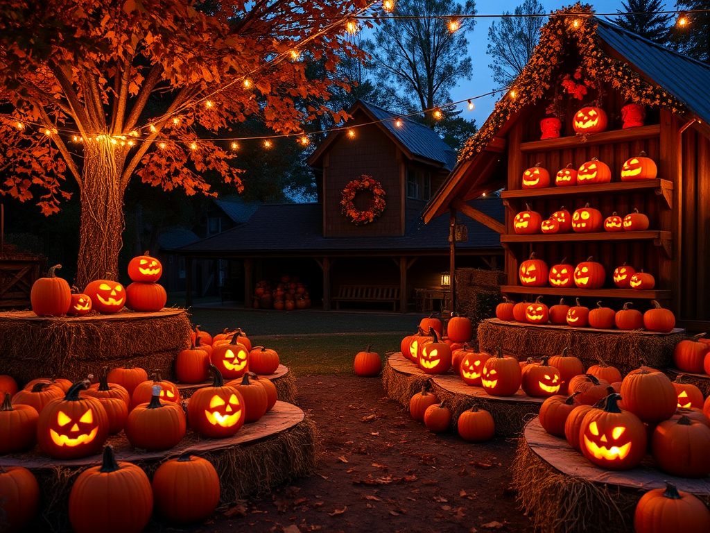 A cozy autumn scene featuring a pumpkin patch at dusk with glowing jack-o-lanterns arranged on hay bales and wooden shelves surrounded by warm string lights illuminating a rustic barn decorated with fall foliage. The atmosphere is festive and inviting, capturing the essence of Halloween celebrations.