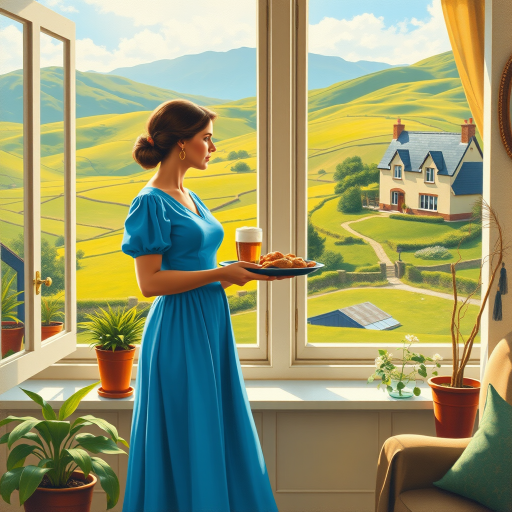 In "A Glass of Beer on the Highland," a serene scene is depicted in a sunlit room where a woman in a vibrant blue dress stands by a large window. She holds a tray with a hearty meal and a frothy glass of beer, embodying a moment of relaxation. Outside, the breathtaking highland landscape features rolling green hills and a charming traditional house, all bathed in warm afternoon light. The interior is adorned with potted plants, creating a harmonious blend of comfort and nature. The painting beautifully captures the tranquility and joy found in simple pleasures amidst stunning scenery