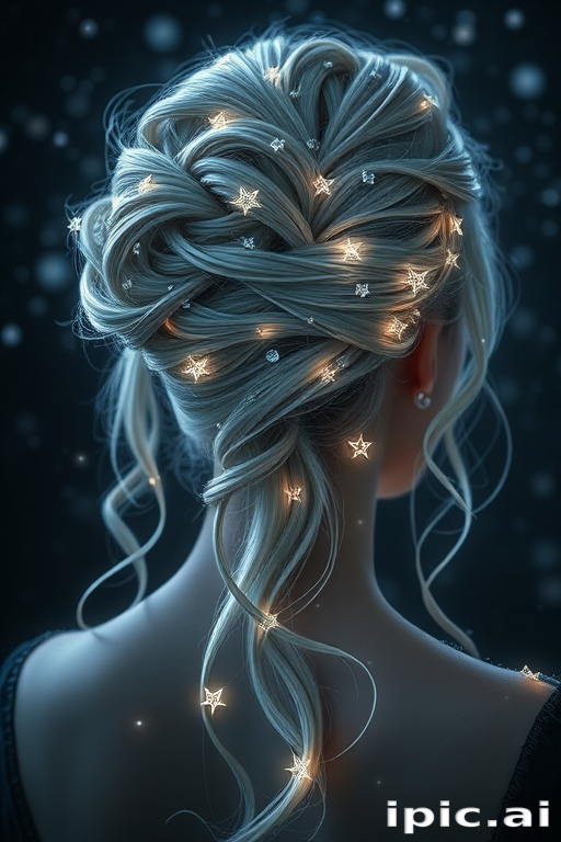 Ethereal moonlight silver strands flow like liquid starlight, arranged in an intricate updo with delicate crystal accents, evoking the mystery of the night sky