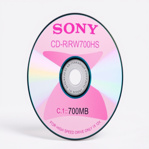 Create a high-resolution image of a CD label featuring a pink design with the text "SONY CD-RW700HS" prominently displayed, include a date field, a capacity of "700MB", and "FOR HIGH SPEED DRIVE ONLY 1X - 12X", captured with a DSLR camera at f/8 aperture, ISO 100, 1/60 shutter speed, in a well-lit studio setting.
