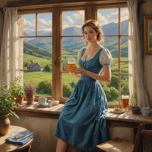 In "A Glass of Beer on the Highland," a serene scene is depicted in a sunlit room where a woman in a vibrant blue dress stands by a large window. She holds a tray with a hearty meal and a frothy glass of beer, embodying a moment of relaxation. Outside, the breathtaking highland landscape features rolling green hills and a charming traditional house, all bathed in warm afternoon light. The interior is adorned with potted plants, creating a harmonious blend of comfort and nature. The painting beautifully captures the tranquility and joy found in simple pleasures amidst stunning scenery