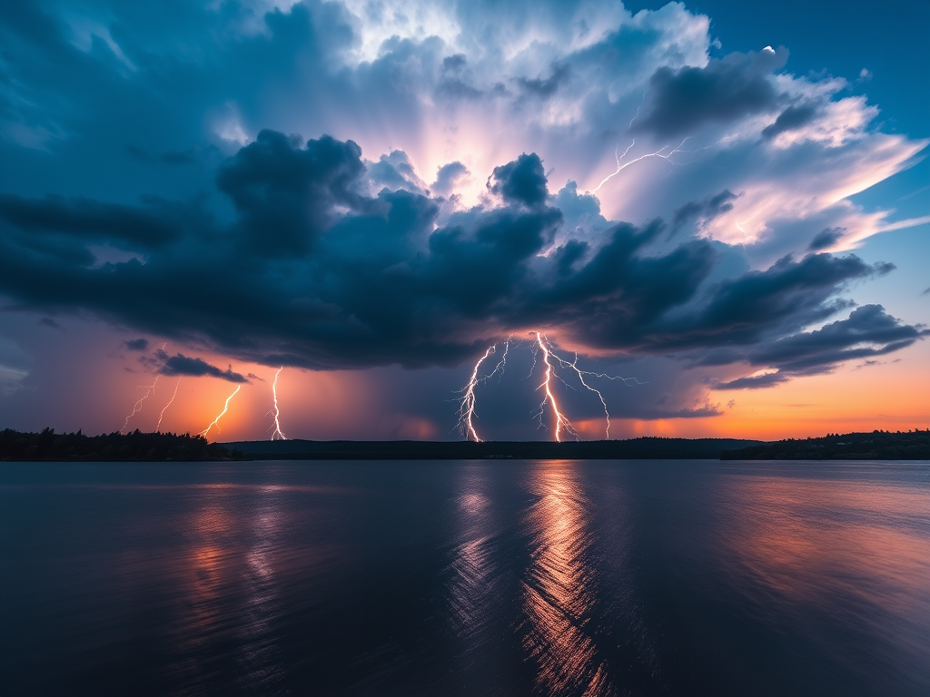 capture a dramatic thunderstorm over a calm lake with vivid lightning strikes illuminating dark clouds, using a Canon EOS 5D Mark IV, 24mm lens, f/8 aperture, ISO 100, 1/30 sec shutter speed, long exposure to enhance light trails and reflections in the water, twilight setting for rich colors and contrast