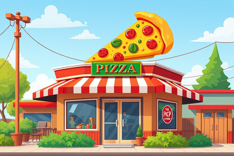 a colorful pizza shop illustration with a large pizza slice on the roof, striped awning, greenery in front, camera settings: ISO 100, f/8, shutter speed 1/200, camera view: frontal view, camera style: vector art, camera type: digital illustration