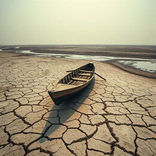 A solitary wooden boat resting on a cracked, dry riverbed under a hazy sky, captured with a DSLR camera at f/8 aperture, ISO 100, 24mm lens, natural light, top-down view, high dynamic range for enhanced detail.