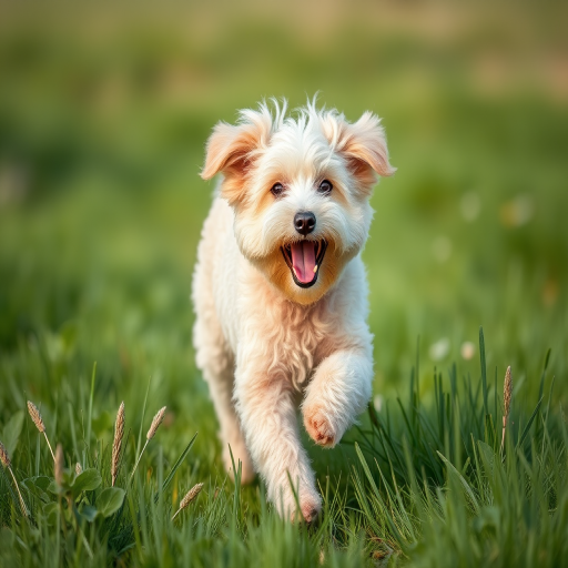 A joyful curly-haired dog running through a green grassy field, shot with a Canon EOS 5D Mark IV, 50mm lens, aperture f/2.8, shutter speed 1/500 sec, ISO 200, shallow depth of field, vibrant colors, natural lighting.