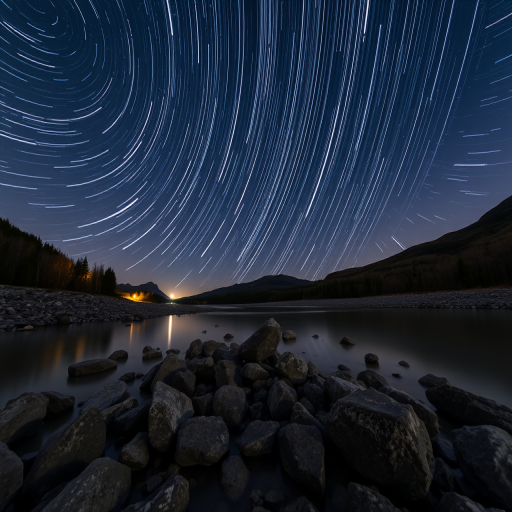 Create a night landscape capturing star trails over a river with a foreground of rocks, using a long exposure of 30 seconds at f/2.8, ISO 800, wide-angle lens, shot from a low angle to include reflections in the water, in a high dynamic range style.