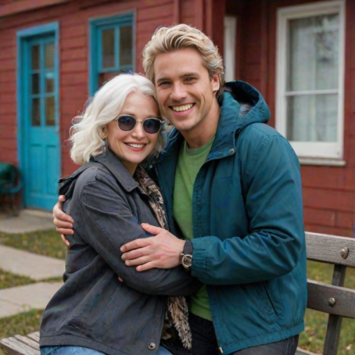 Medium shot photo of a cheerful couple standing close together in an outdoor setting, showcasing a warm and candid moment. The man, with fair skin, a round face, and short blonde hair, is wearing dark sunglasses and a green sweater over a blue collared shirt. He has a wide, joyful smile, and his left arm is wrapped around the woman, adding to the affectionate pose. The woman, with light skin and shoulder-length wavy blonde hair, is smiling broadly as she leans into the man's embrace. She is wearing a black and white patterned coat and carries a brown handbag over her shoulder. In the background, a quaint small-town setting is visible, featuring a red wooden building with a visible sign reading "DUARTE'S," as well as parked cars and power lines. A woman with white hair, dressed in a bright blue jacket, sits on a bench by the building, adding a casual, lived-in aspect to the scene. The lighting is natural, indicating a bright but slightly overcast day, which gives the image a relaxed, everyday quality. The overall mood is friendly and affectionate, capturing a spontaneous moment of connection amid a typical town backdrop