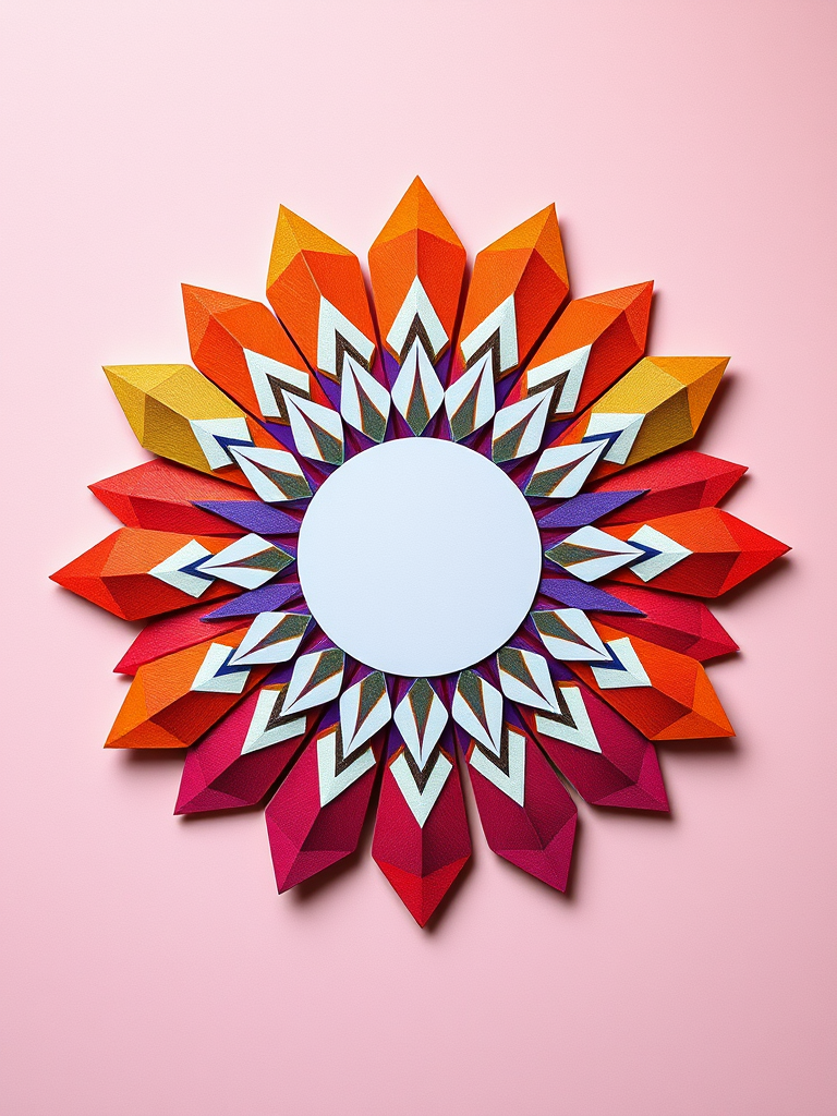 Create a vibrant geometric mandala with an array of colorful triangles radiating from a central white circle against a soft pastel background, shot with a DSLR camera at f/8 aperture, ISO 100, 50mm lens, using a flat lay style for high detail and clarity.