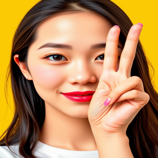 Generate a high-resolution vector illustration of a young woman making a peace sign with her hand, set against a solid yellow background, using a Canon EOS R5 with a 50mm f/1.2 lens, ISO 100, aperture f/2.8, and a soft lighting setup for a natural look.