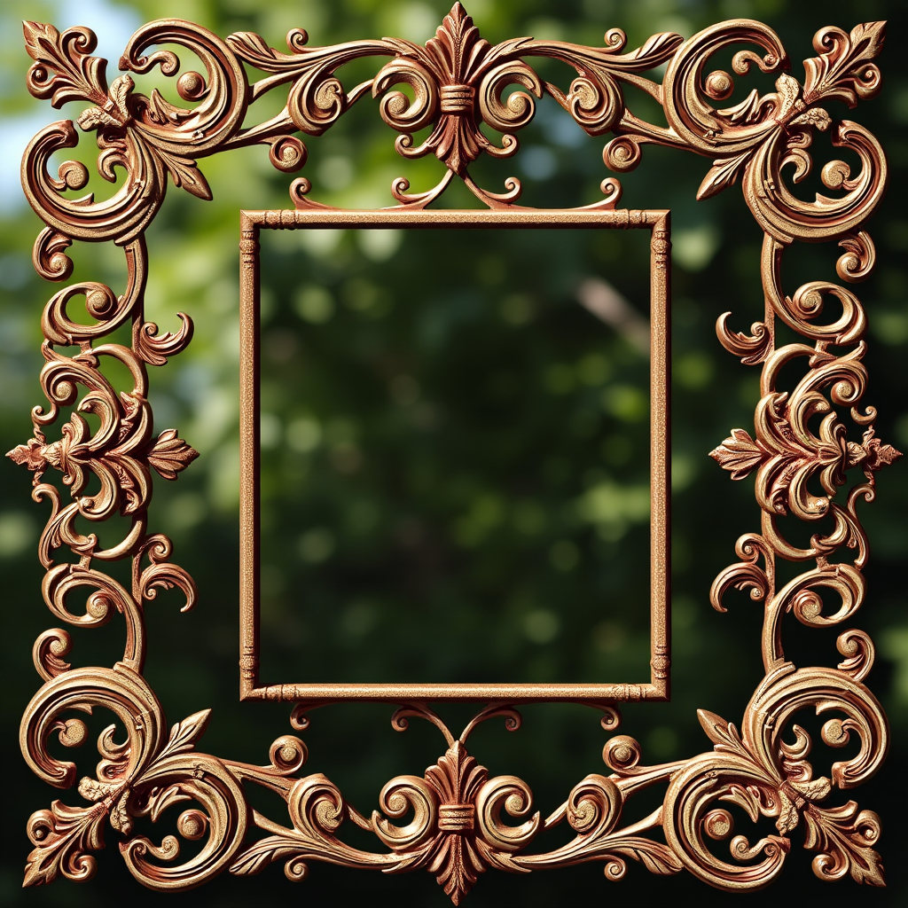 Create an ornate vintage frame design with intricate swirls and floral elements, using a DSLR camera with a 50mm lens, f/2.8 aperture, 1/125 shutter speed, in portrait orientation, with soft natural lighting.