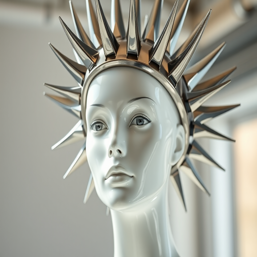 Create a futuristic portrait of a mannequin with a metallic headdress made of sleek, shiny blades, high-resolution, 85mm lens, f/1.8 aperture, ISO 100, soft natural lighting from above, shallow depth of field, shot in a professional studio setting.