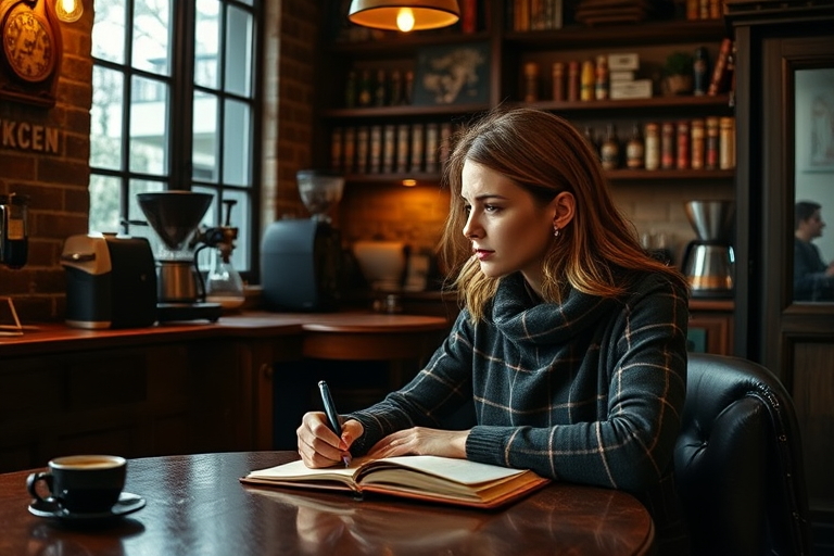 Cozy corner of a rustic coffee shop, the smell of freshly ground beans in the air, a woman sits at a wooden table, lost in her thoughts as she writes in a leather-bound journal.
