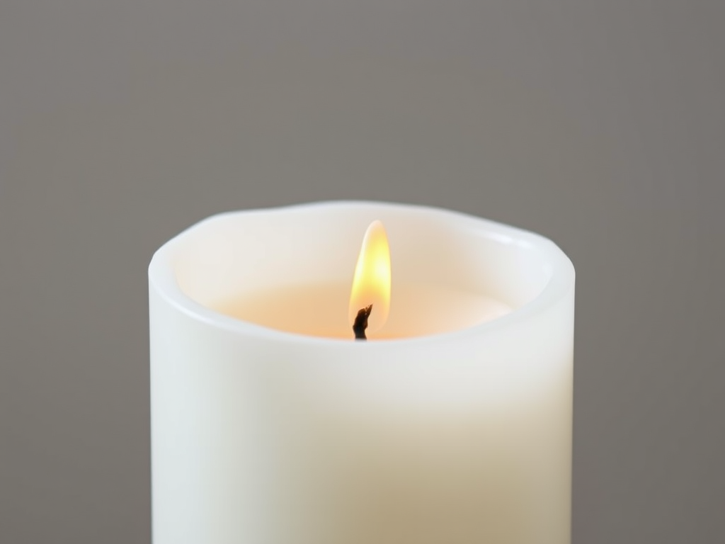 Regenerate an image of a simple white candle with a bright yellow flame, captured in a close-up view using a DSLR camera at f/2.8 aperture, ISO 100, 1/60s shutter speed, soft lighting, and minimal background, focusing on the candle's texture and flame details.