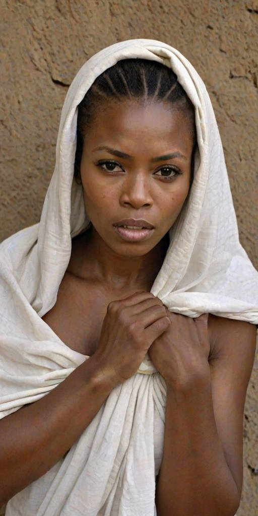 Create a close-up photographic image of a Zulu woman with light skin tones shown against an old, worn wall. Their head is wrapped in a white cloth covering (i.e.... parts of the head except the nose and mouth, which are open as if they are screaming...), with a slight texture and visible folds in the fabric. Thin strands of blonde hair escape from the wrapping above, falling lightly at the top and sides. Their hands hold the fabric as if they are tugging nervously. The lighting is dramatic and even, casting strong shadows. The image has a minimalist and surreal style with an emphasis on simplicity with soft color tones. The composition is centered.