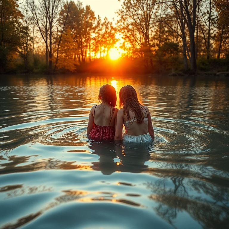 Two girls sitting in shallow water, surrounded by autumn trees and a sunset glow, soft reflections on the water's surface, camera settings: ISO 200, f/4, 1/125 sec, camera view: wide angle, camera style: cinematic, camera type: digital mirrorless.