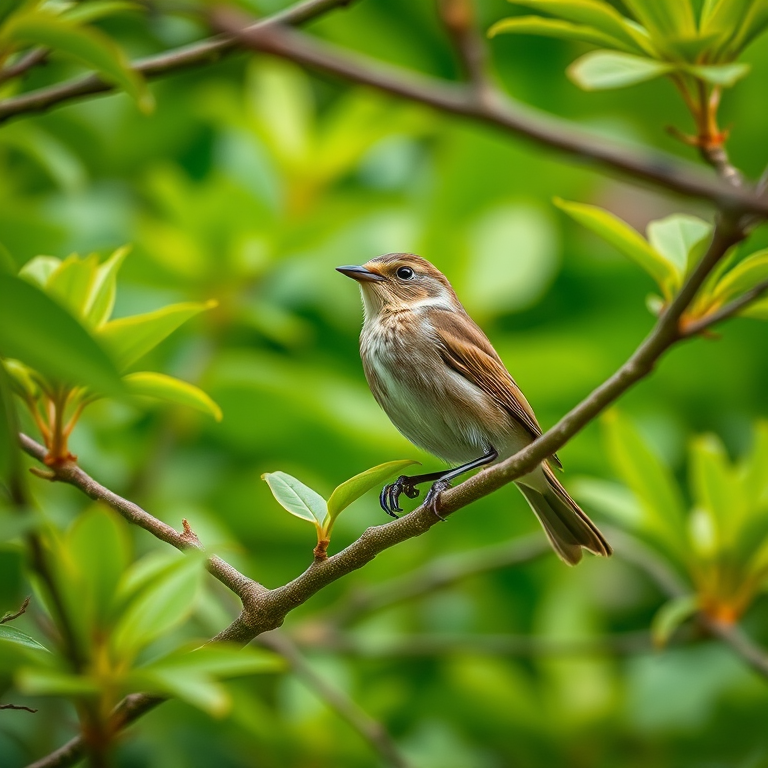 Capture a close-up image of a small bird perched on leafy branches in a lush green setting, using a DSLR camera with a 50mm lens, aperture set to f/2.8 for a shallow depth of field, ISO 100 for low noise, and a shutter speed of 1/500 sec for clear details, taken from a low angle view to emphasize the bird against the vibrant foliage.