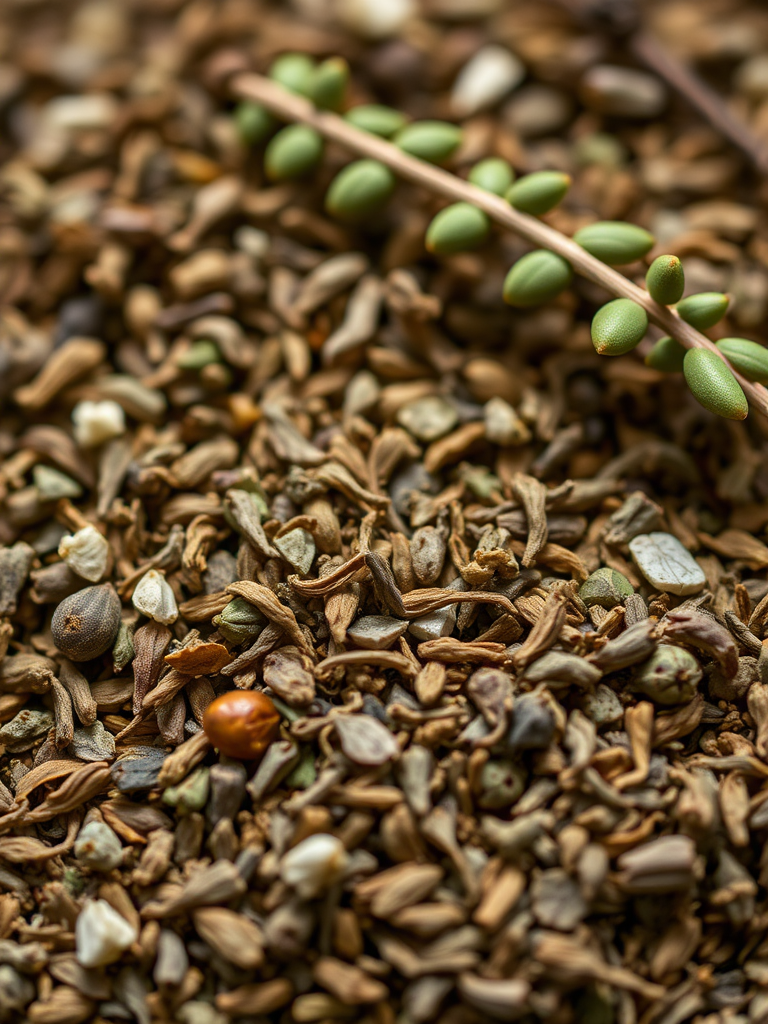 A close-up, high-resolution image of a pile of dried herbs with a shallow depth of field, captured with a Canon EOS 5D Mark IV at f/2.8, ISO 100, and a shutter speed of 1/125 sec, using natural lighting for enhanced color and texture.
