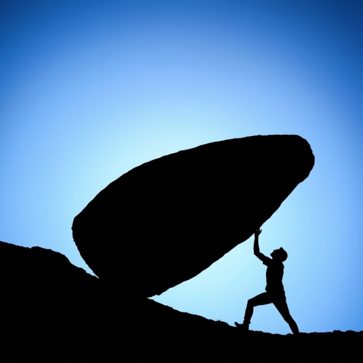 Create a silhouette image of a person pushing a large boulder up a hill against a gradient blue background, captured with a DSLR camera at f/4, ISO 100, 1/200 sec, using a wide-angle lens at a low angle to emphasize the struggle and height.
