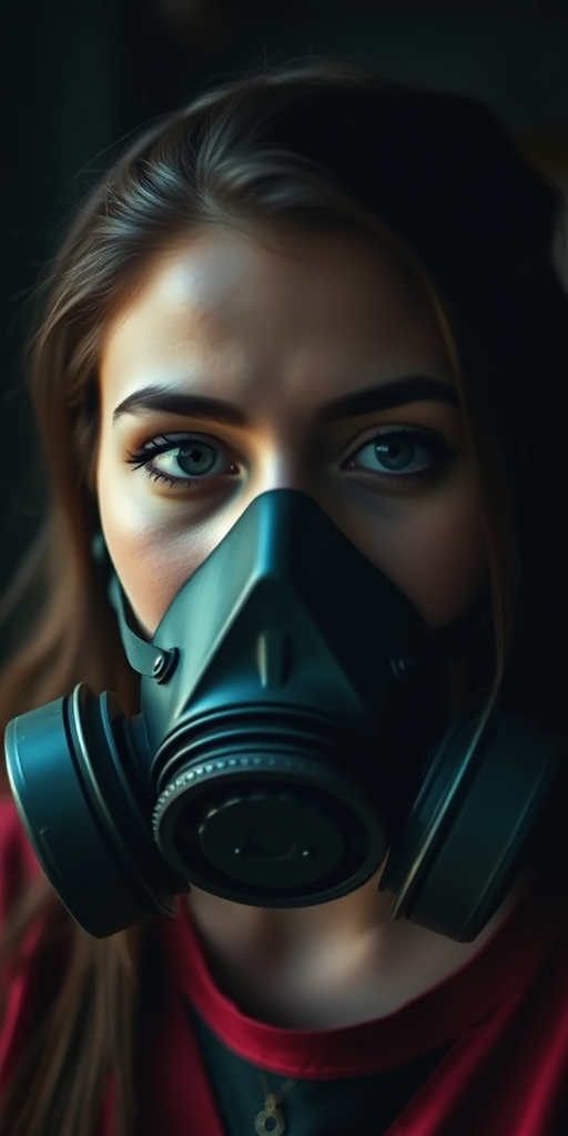 portrait of a young woman with a gas mask, soft focus background, moody lighting, ISO 100, f/2.8 aperture, 50mm lens, shot from eye level with a DSLR camera