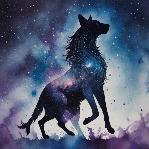 Captivating conceptual render alcohol ink art, double exposure, the paint strokes artfully merge combining a woman's full silhouette with a Loping coyote's silhouette. The figures are composed of a series of colored dots, lines & spots that evoke the image of a cosmic galaxy, colors are deep shades of blue purple & black with flashes of white & silver representing distant stars. The woman's silhouette is formed within the lion's silhouette from constellations of scattered stars, surreal