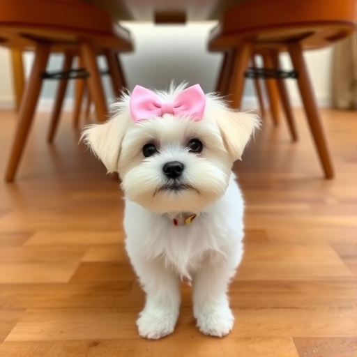 A small fluffy white dog with a pink bow on its head standing on a wooden floor under a table surrounded by chair legs. The dog has a curious expression and is looking directly at the viewer.