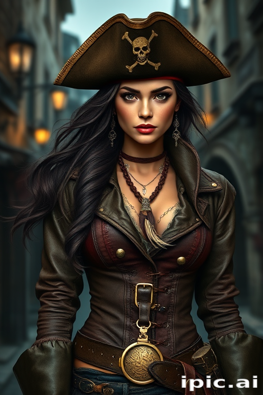 Create a portrait of a fierce female pirate. She wears a leather tricorn hat adorned with a skull and crossbones emblem, and her long, dark hair flows around her face. Her outfit consists of a richly detailed leather jacket, a corset, and multiple layers of belts and accessories, giving her a formidable and stylish appearance. She stands confidently in a dimly lit, historic port town, with a backdrop of weathered buildings and cobblestone streets, capturing the adventurous spirit of a pirate.