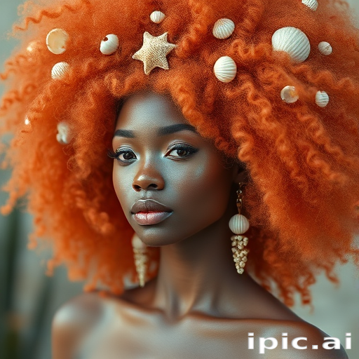 Captivating coral-haired muse with a voluminous, curly afro adorned with delicate seashells and iridescent accents