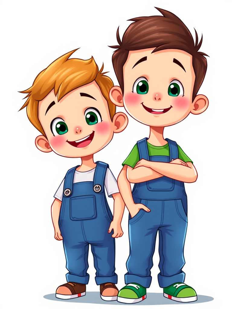 Create a vibrant illustration of two cartoon boys standing side by side, one in blue overalls and the other in green overalls, with cheerful expressions and exaggerated features, captured in a high-resolution digital format using a 50mm lens, f/1.8 aperture, ISO 100, soft lighting to emphasize colors and details.