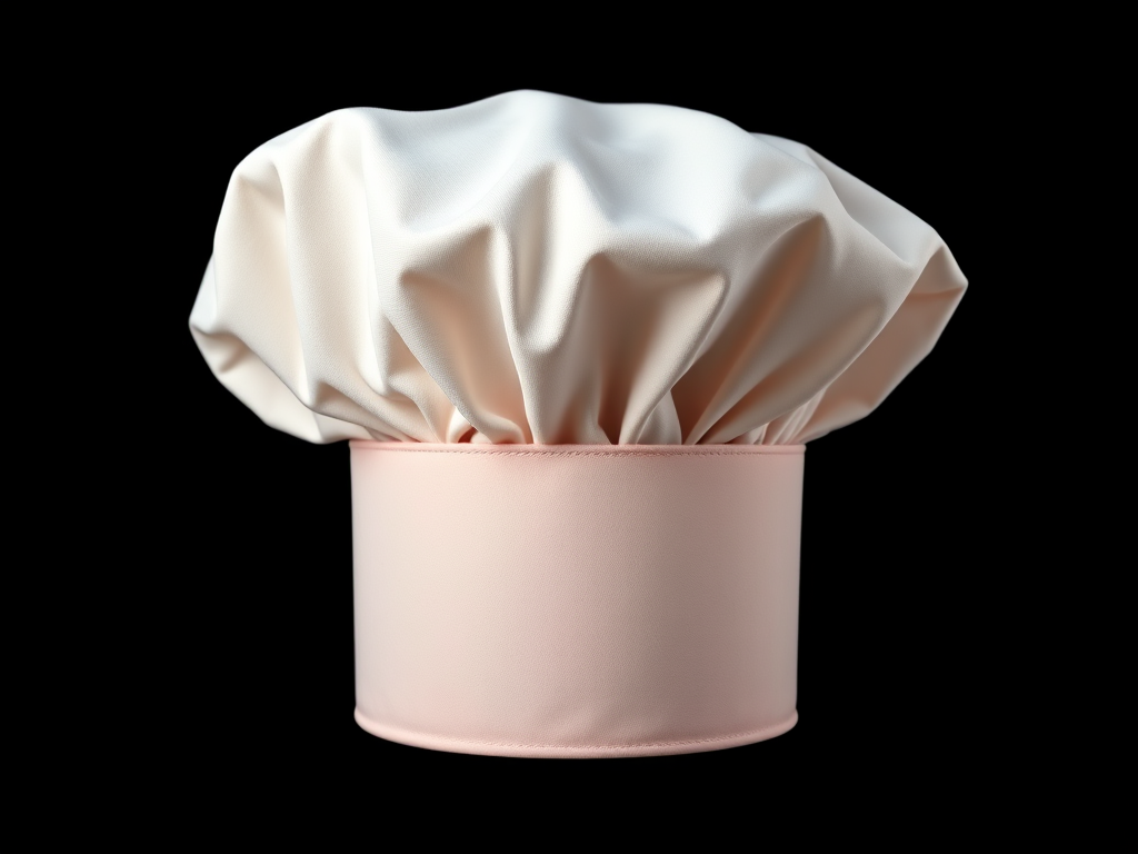 Create a high-resolution image of a chef's hat with a glossy finish and vibrant color on a black background, using a DSLR camera with a 50mm lens, aperture set to f/2.8, ISO 100, and a softbox lighting setup.