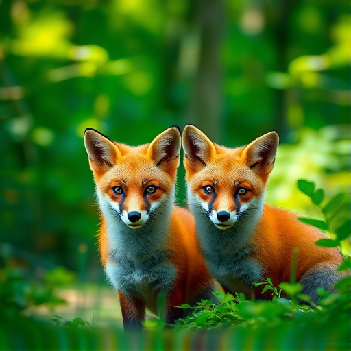 Create a vibrant image of two foxes in a lush forest, capturing their detailed fur and expressive eyes, using a Canon EOS R5 with an 85mm f/1.2 lens at f/1.8, ISO 200, and a shallow depth of field for a soft background blur, in natural daylight to enhance colors and textures.