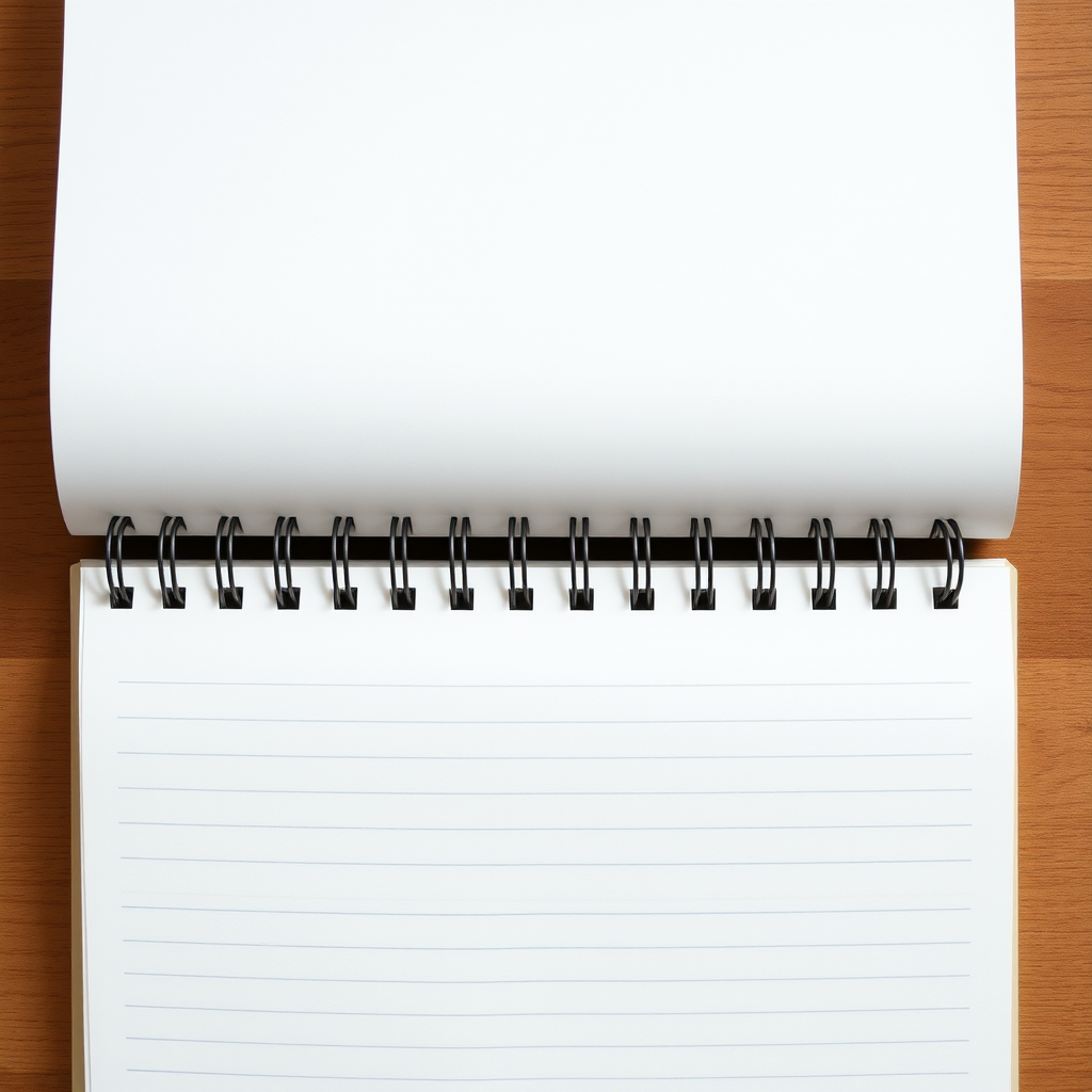 a high-quality image of an open spiral notebook with blank lined pages, top-down view, soft natural lighting, ISO 100, aperture f/4, shutter speed 1/60 seconds, DSLR camera, shallow depth of field, minimalist style.