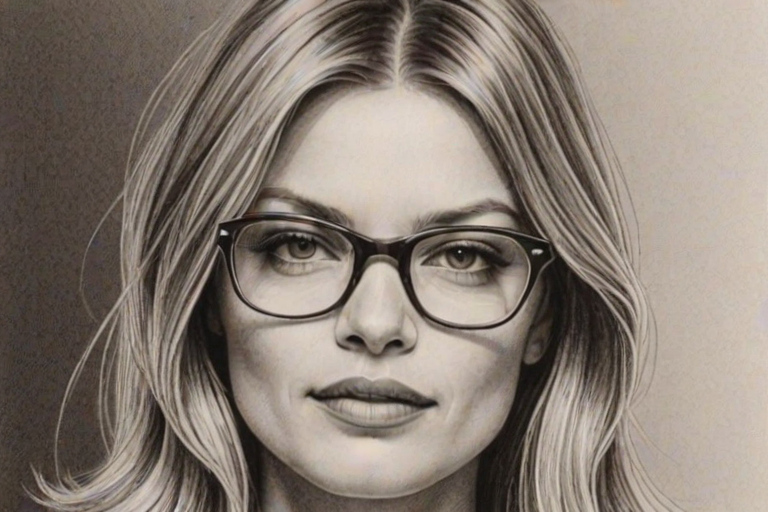 Fetching Ivana Milicevic, pencil sketch, portrait of Gorgeous woman 1970s in glasses, hair style beatnik, outline, clear lines, fine lines, 8k