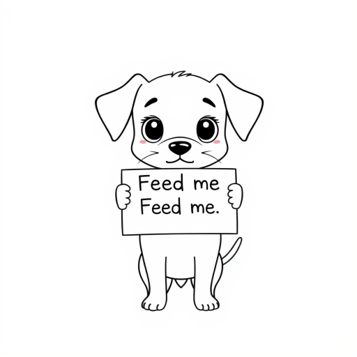 A minimalist cartoon of a PUPPY standing on a blank white background, holding a sign that simply says, 'Feed me.' The puppy is drawn with just a few lines: big eyes, whiskers, floppy ears, and a straight tail, giving it a comically desperate expression.