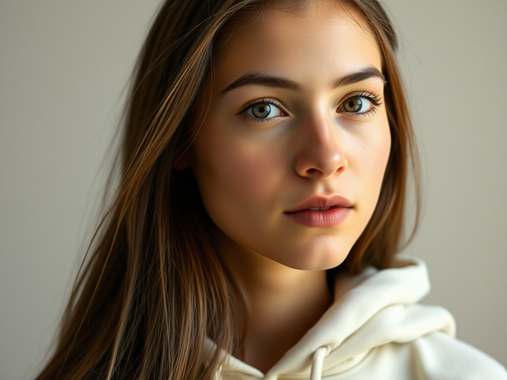 portrait of a young woman with long hair wearing a light hoodie, soft lighting, neutral background, 50mm lens, f/2.8, ISO 100, 1/125s, shallow depth of field, natural light photography