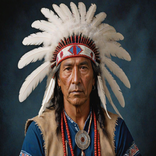 Create a dignified portrait of a Native American man dressed in traditional attire. He wears a beautifully crafted headdress adorned with white feathers and red beads, along with a beaded headband featuring intricate patterns. His clothing includes a deep blue, patterned shirt and a traditional chest piece with detailed beadwork. His arms are crossed, displaying leather armbands decorated with feathers. The background is simple and neutral, emphasizing his proud and stoic expression. The overall image captures the rich cultural heritage and strength of his persona.